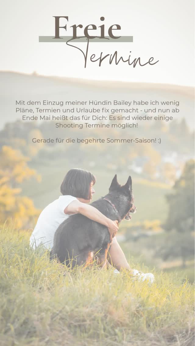 Freie Termine ab Ende Mai!
Sichere dir deinen Termin für dein Fotoshooting 🥰

SHOOTING TERMINE: Ende Mai - August

Mit dem Einzug von Bailey habe ich wenig Pläne, Termien und Urlaube fix gemacht - und nun ab Ende Mai heißt das für Dich: Es sind wieder einige Shooting Termine möglich! Gerade für die begehrte Sommer-Saison! :) 

STUTTGART

  Mai: Termine möglich vom 25.05 - 31.05. (inkl. Wochenende)
 Juni: Termine unter der Woche & am Wochenende ab 08.06.
 Juli: Termine unter der Woche & vereinzelt Wochenende möglich
  August: Termine unter der Woche & am Wochenende bis 25.08. möglich

Nina Herr Tierfotografie - Deine Hunde- und Pferdefotografin in Stuttgart, Waiblingen & Frankfurt mit Herz, Geduld und viel Spaß ❤️
www.nina-herr.de

FOTOSHOOTING
HUNDEFOTOS
HUNDEFOTOGRAF
HUNDESHOOTING FOTOSHOOTING MIT HUND

#stuttgart #waiblingen #hundestuttgart #stuttgartmithund #waiblingen