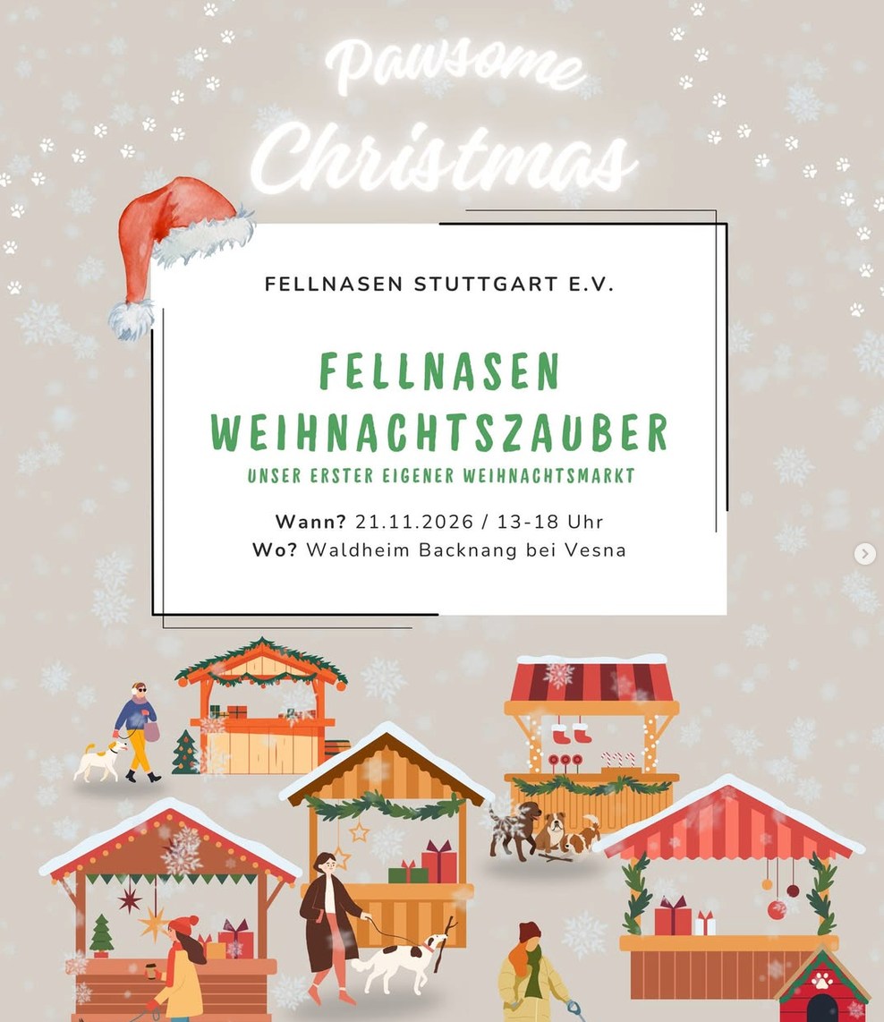 Weihnachtliche Termine 🎄

Mitten im Herbst... und schon sitzte ich an der Weihnachtsplanung 😇🙈
Dieses Jahr finden 2 ganz tolle Events und Foto-Möglichkeiten für Euch statt!

-> Tierschutzverein Fellnasen Stuttgart - Weihnachtsmarkt

Freut euch auf tolle Stände mit handgemachten Lieblingsstücken, leckere Waffeln, ein Meet & Greet mit Hunden, die ein Zuhause suchen und vieles mehr. Ein Tag voller Weihnachtsstimmung und schöner Begegnungen! Ich werde vor Ort sein und Fotos anbieten - seid gespannt! 

📅 21.11.2026 | 13–18 Uhr
📍 Waldheim Backnang bei Vesna